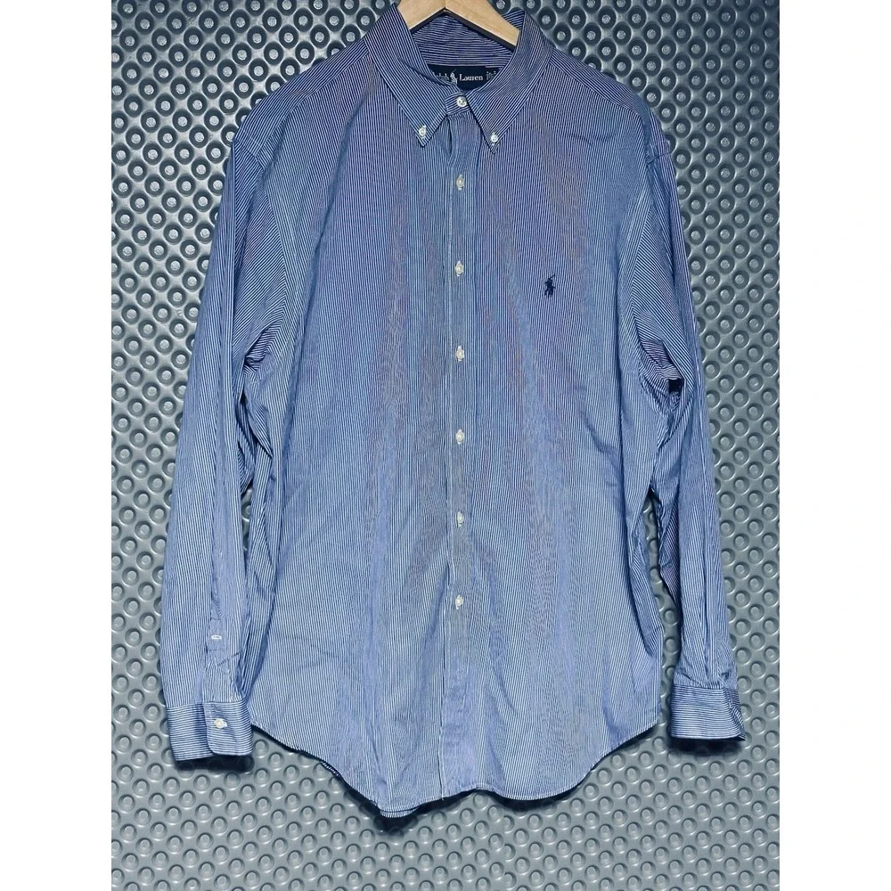 Ralph Lauren Button Down Mens 17-34/35 Blue Classic Fit Stripe Cotton Shirt